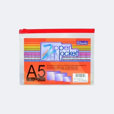 Bambi Zipper Pocket A5 PVC Transparent warna biru, merah, hijau pastel – Bindexmall