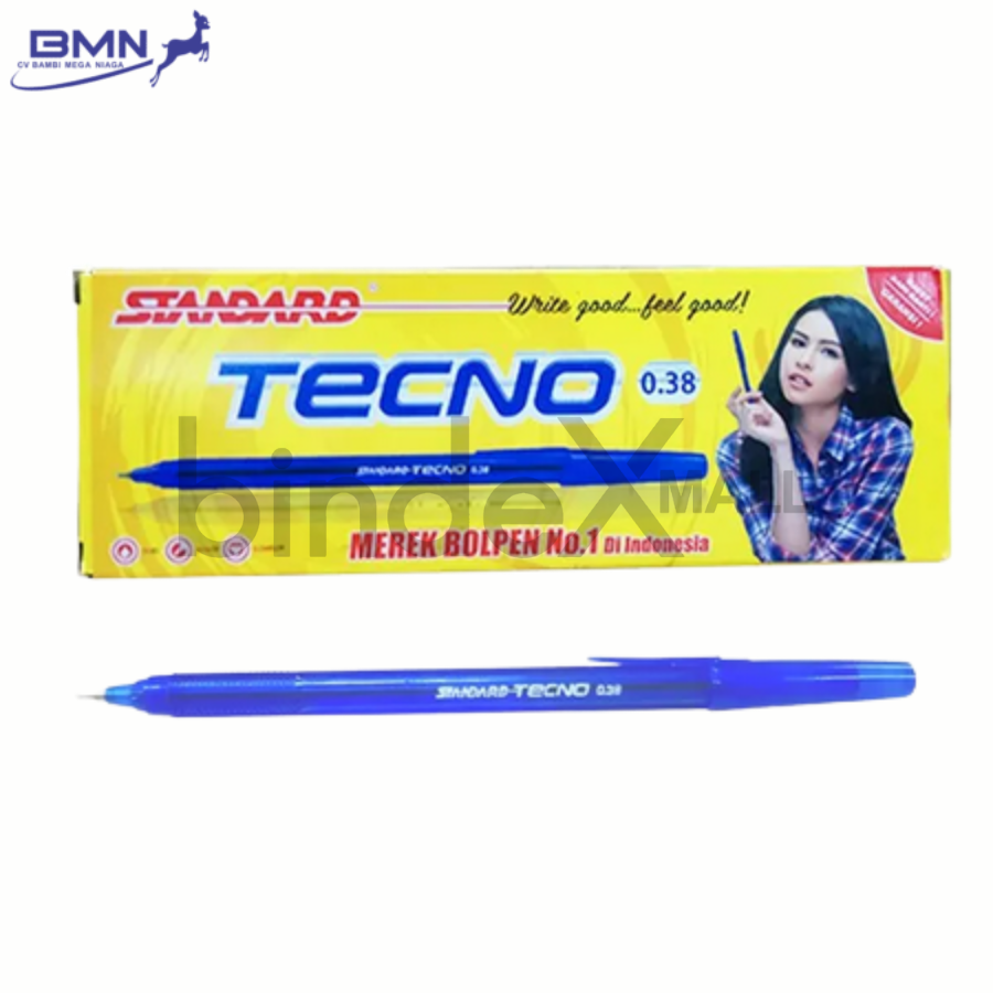 Pulpen Standard Tecno biru 1 pcs tinta biru pekat lancar halus desain ringan nyaman untuk sekolah dan kantor