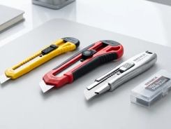 Koleksi cutter Benex 9mm dan 18mm beserta isi refill blade tersusun rapi di atas meja kantor modern – Bindexmall
