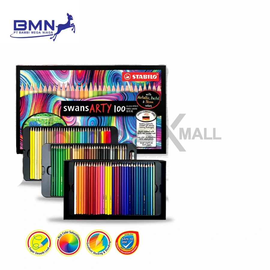 Stabilo Swans ARTY Pensil Warna 100 Warna Dasar Pastel Metalik Neon Set Lengkap Original